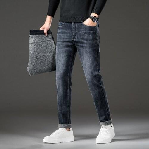 2021 Winter New Denim Trousers Fleece Stretch Brand Pants Blue Mens Warm Slim Fit Jeans Business Fashion Thicken Pants