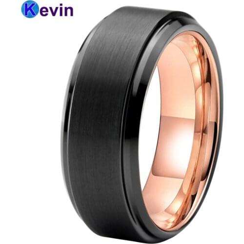 Tungsten Carbide Ring Mens Wedding Band Black Rose Gold Color Stepped Beveled Edges With Comfort Fit