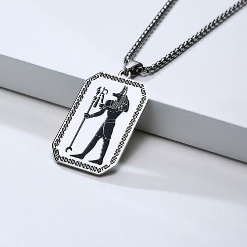 Stainless Steel Anubis Silver Color Dog Tag Pendant Necklace for Men Egypt Jewelry