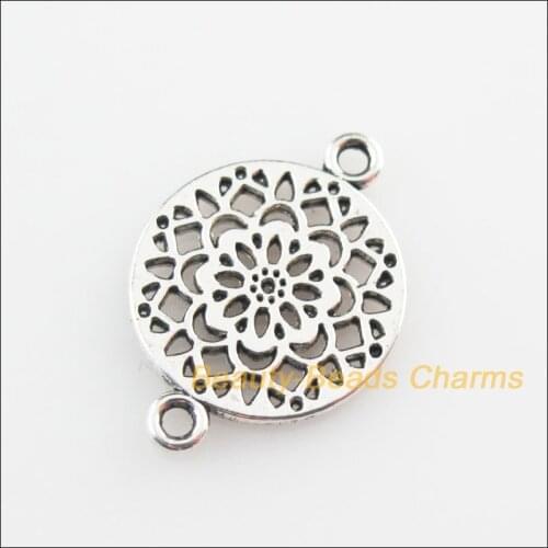 New 35Pcs Tibetan Silver Color Round Flower Charms Connectors 14x20mm