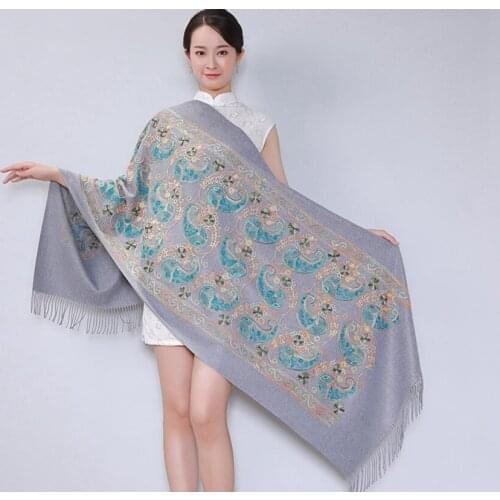 New Arrival Women Floral Embroidery Scarf Wrap Chinese Ethical Style Thickening Big Travel Edging Scarf Shawl Warm And Soft