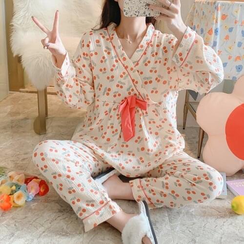 Maternity Pyjama Nursing Sleepwear Breastfeeding Pajamas Comfortable Cotton Gauze Long Sleeve Tops&Pants Pregnancy Clothes