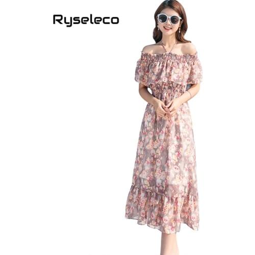 Ryseleco 2018 Beach Chiffon Empire Elastic Halter Boho Dresses Women Fashion Floral Prints Elegant Off Shoulder Ruffles Vestidos