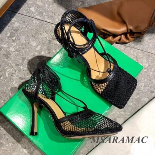 Square Toe Ankle Strappy Mesh Pumps Fashion Ladies High Heel Summer Net Shoes Fromal Party Dress Shoes Women