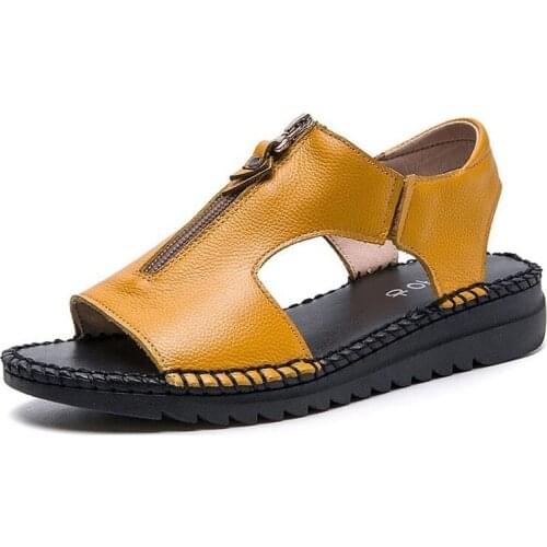 Fashion Handmade Summer Women Sandals Female Genuine Leather Shoes Open Toe Front Zipper Flat Sandals Women Sandalias Mujer 2021