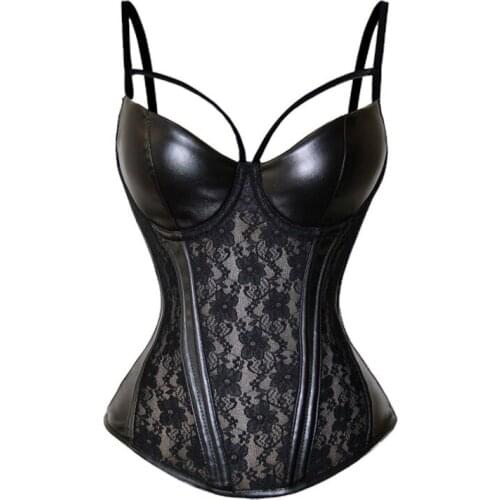 Sexy Gothic Mesh Floral Women Corset Lace Up Back Vintage PU Black Corset Lingerie Top Waist Trainer Body Shaper costume