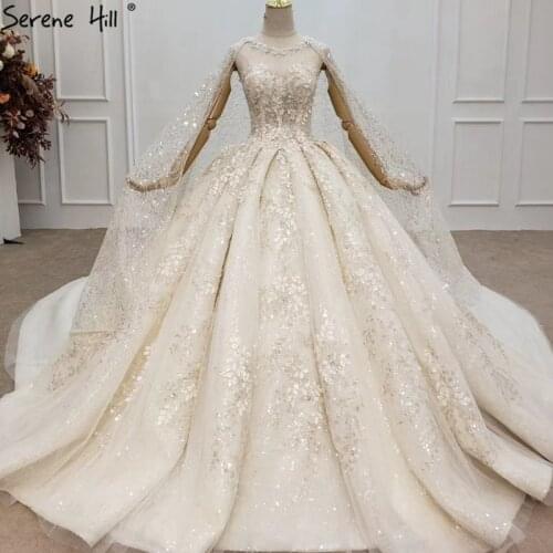 Champagne Handmade Flowers Sequins Wedding Dresses 2021 Dubai Luxury Sparkle Sexy Bridal Gowns HX0147 Custom Made