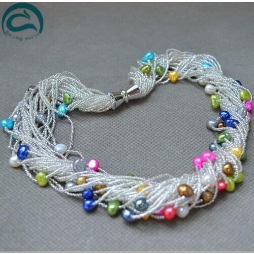 Unique Pearls jewellery Store,AA Top Quality Multicolor Baroque AA 6-8MM Freshwater Pearls Necklace 24Rows Magnet Clasp