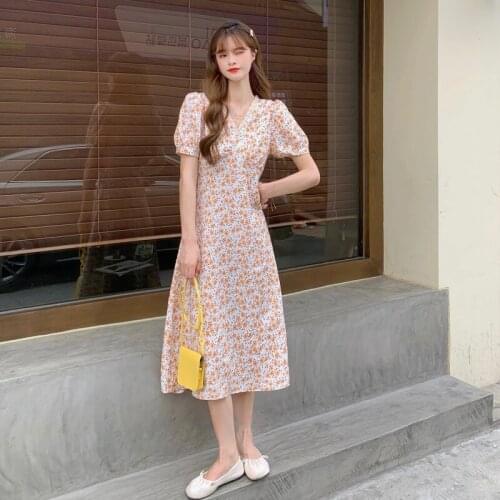 Party Dress Floral Bubble Short-sleeved Dress Female Summer New Style Korean Style Waist Slimming Long Skirt