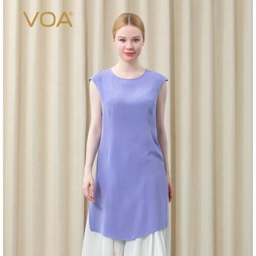 VOA Silk 30m/m Round Neck Tops Short Sleeve Solid Color Loose Hem Split Basic Simple Long T Shirt BT026 Summer Woman Tshirts