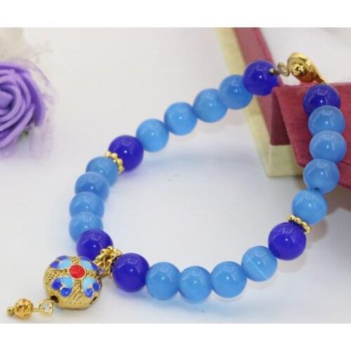 High grade wholesale price cloisonne strand beaded 8mm unique blue cat eyes round beads bracelets for women jewelry7.5inch B2730