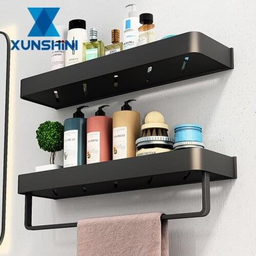 XUNSHINI Aluminum Bathroom Shelf Punch-free Wall Mounted Bathroom Shower Organizer Hanging Shower Shelf with Rod Kitchen Storage