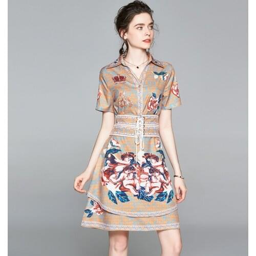 Women Fashion V-neck Retro Angel Print Dress With Eyelet Lace-up Belt Summer Plus Size Female Vintage Shirt Dress k9150