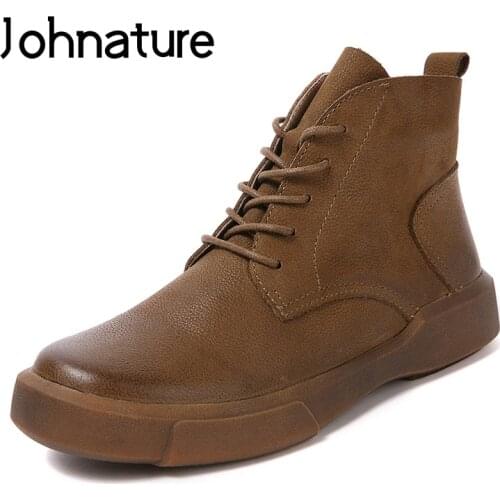 Johnature 2021 New Autumn/Winter Genuine Leather Cross-tied Round Toe Solid Martin Ankle Boots Zipper Flat Platform Women Shoes