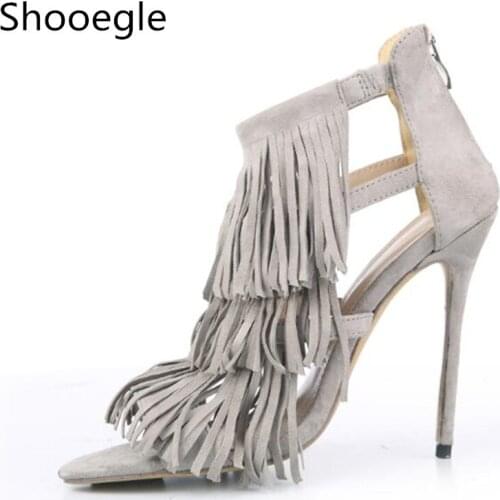 Summer sexy Tassel women sandals thin high heels Lady Casual zip dress party shoes for women and girl grey yellow pumps