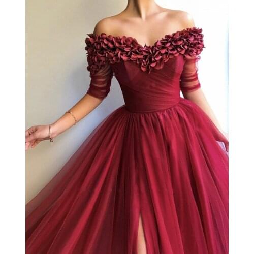 2019 Slit Boat Neck Half Sleeve Burgundy 3D Flower Evening Dresses Flower Hemline Party Gown Elegant Long Formal Dress For Women