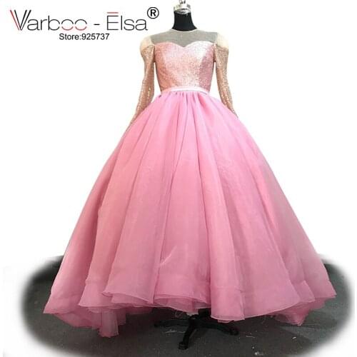 VARBOO_ELSA 2018 Pink Organza and Sequined Evening Dress Long Sleeve vestido de festa Long Ball Gown Custom Luxury Party Dress