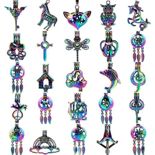 1X Rainbow Beads Cage Dream Catcher Animal Swan Dolphin Key Locket Perfume Diffuser Oyster Pearl Cage for Pendant
