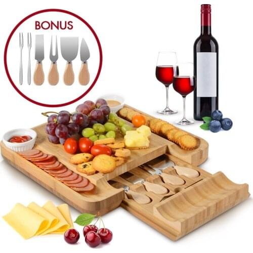 Bamboo Cheese Board Cutlery Knif Set With Slide Out Drawer 4 Knives Sets Cooking Tools Cheese Knife Cheese Slicer Fork Scoop Cut