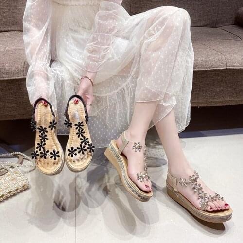 Wedge Sandals Fairy Style 2021 Summer New Ins Flat Bottom Rhinestone Flower Platform Muffin Roman Shoes