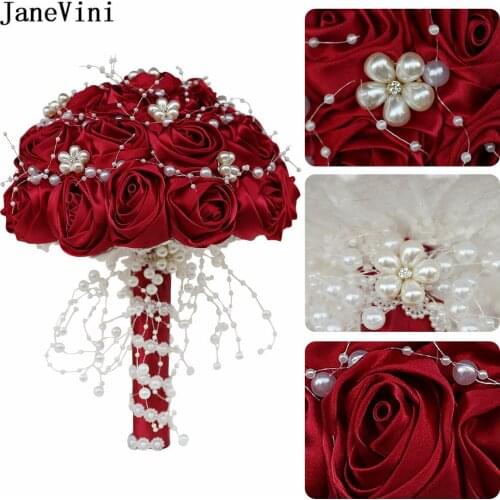 JaneVini Burgundy Bride Flowers Artificial Satin Rose Pearls Wedding Bouquet Beaded Bridesmaid Bridal Bouquet De Fleur Mariee