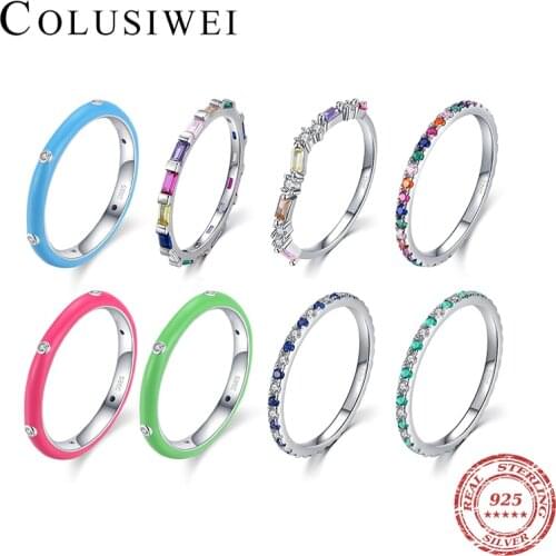 Colusiwei Brand 11 PCS Genuine 925 Sterling Silver Rainbow Crystal Rings for Women Enamel Sparkling CZ Rings Wedding Jewelry