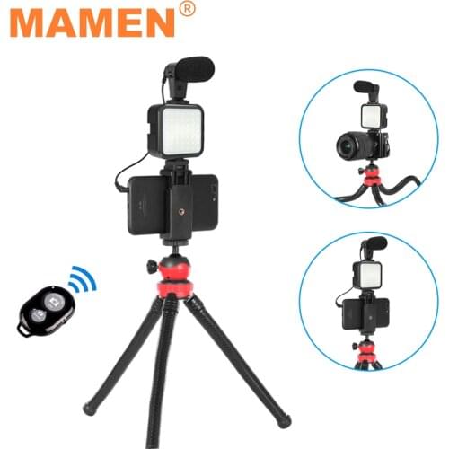 MAMEN Smartphone VLOG Shooting Kits Octopod Tripod Photography Suit With LED Light Microphone Bluetooth Selfie For Phone Camera