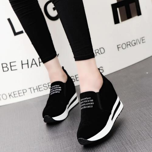New Flock Increasing Shoes High Heels Lady Casual Black Women Sneakers Leisure Platform Shoes Slip-On Breathable Height Sneakers