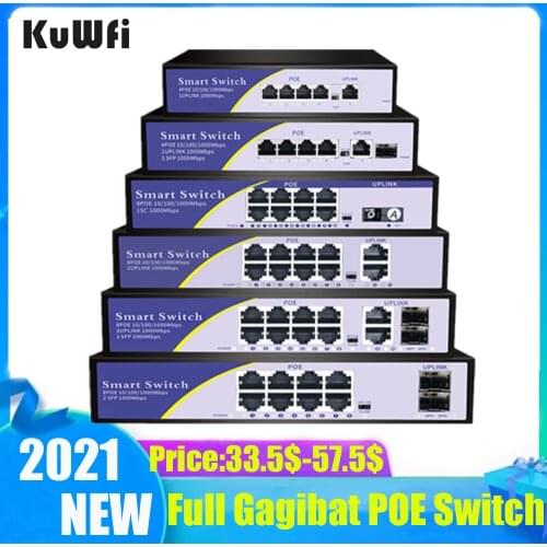 KuWFi 4/8 Ports POE Switch Full Gigabit Ethernet 1000Mbps IEEE 802.3 af/at for IP Camera/CCTV Security Camera System Wireless AP