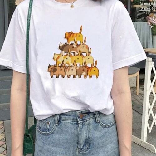Summer Womens T-shirt Cute Cat Print Short Sleeve Harajuku Graphic T-shirt Top Casual Tee Top T-shirt Female