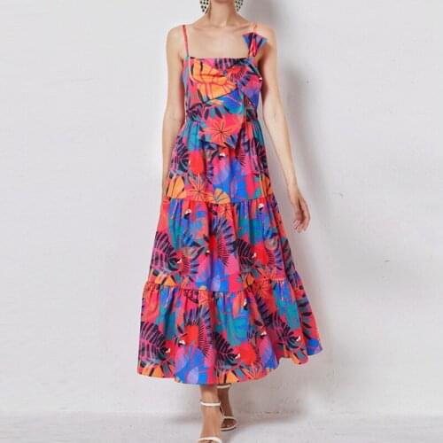 Summer new seaside holiday style suspender dress, Australian fashion design printed bow and large swing dress