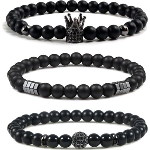 New 6mm Beaded Bracelets Charm Pave CZ Crown Ball Hematite Cross Natural Stone Black Onyx Bracelets Women Men Jewelry bileklik