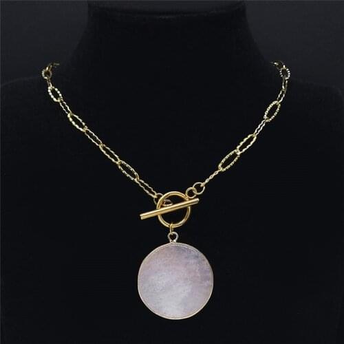 Pink Crystal Stainless Steel Chain Necklaces Women Round Gold Color Necklace Pendant Jewelry collares de acero inoxida NXS04