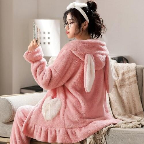 Pajamas Women Winter Flannel Thick Hooded Plus Size Home Service Cartoon Sleepwear Sweet Pajamas Set Women Conjuntos De Pijama