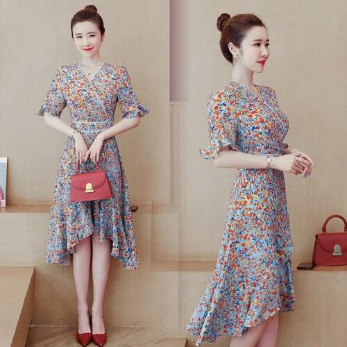 Dresses Temperament Large Size Floral V-neck Fishtail Mid-length Dress 2020 Summer New Short Sleeve Asymmetry Femme Vestidok428