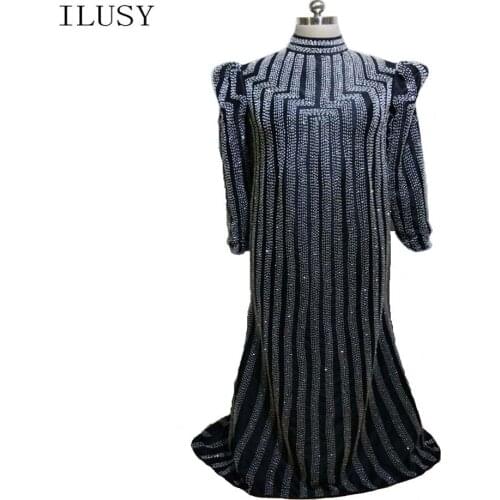 ILUSY Luxury Glitter Beading Evening Prom Dresses Long Sleeve Mermaid High Neckline Evening Gowns vestido de festa