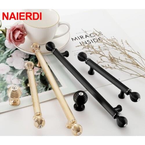 NAIERDI Crystal Glass Cabinet Handles Zinc Alloy Gold Knobs Black Kitchen Door Handle Drawer Cupboard Pulls Furniture Hardware