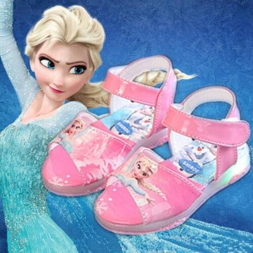 Summer Children LED Light Shoes Baby Girls Sandals Cartoon Frozen Anna Elsa Beach Soft Hollow Non-Slip Kids Breathable Cute Flat