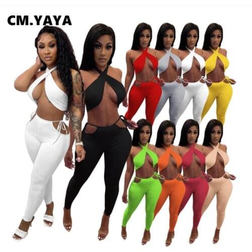 CM.YAYA Sexy Club Party Matching Womens Set Outfits Halter Crop Top and Cut Waist Pants Two Piece Set Sport Tracksuit Sweatsuit