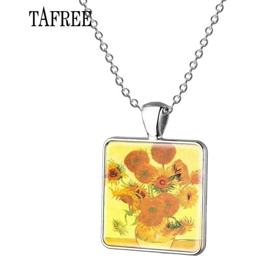 TAFREE Van Gogh Vase with Fifteen Sunflowers Square Shape Necklace Popular Cabochon Personality Ornaments For Mens Gift ZZ103