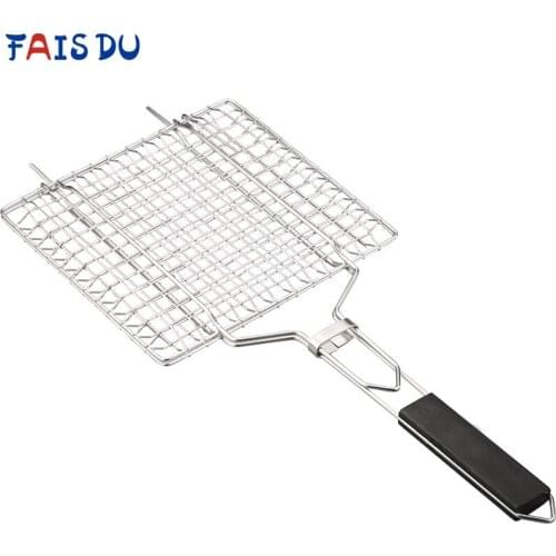 Barbecue Tools Grill Outdoor Net Wooden Handle Meat Fish Clip Holder Portable BBQ Grilling Basket Stainless Steel FOR Grill Mesh