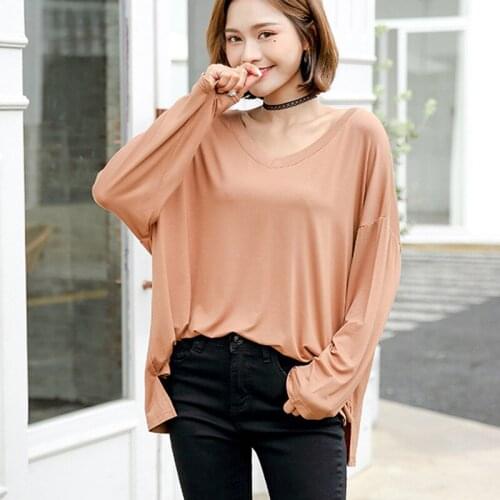 2019 New Womens T-shirt Spring And Autumn Cotton Plus Size T-shirt Loose Wild V-neck Long-sleeved Base Bat T Shirt Women