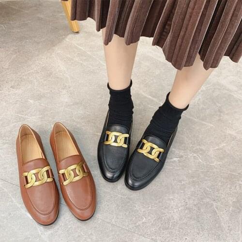 Womens Shoes 2021 New Style Spring Autumn Loafers Genuine Leather Casual Round Toe Solid Slip-On Buckle