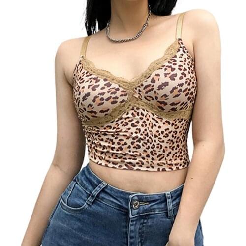 Leopard Print Women Vest Lace Stitching Backless Sleeveless Sling V-neck Crop Top Club Wear Sexy Tanks Crop Top Summer Fashion