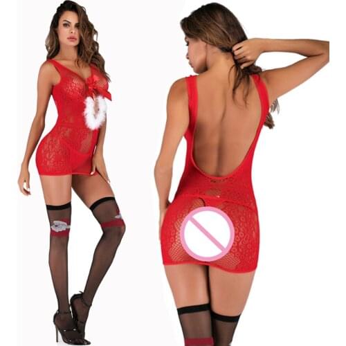 Women Sexy lingerie Sexual Underwear With Red Bow Backless Chemise Intimates Hollow Out Lace Dress Erotic Costumes Sex Products