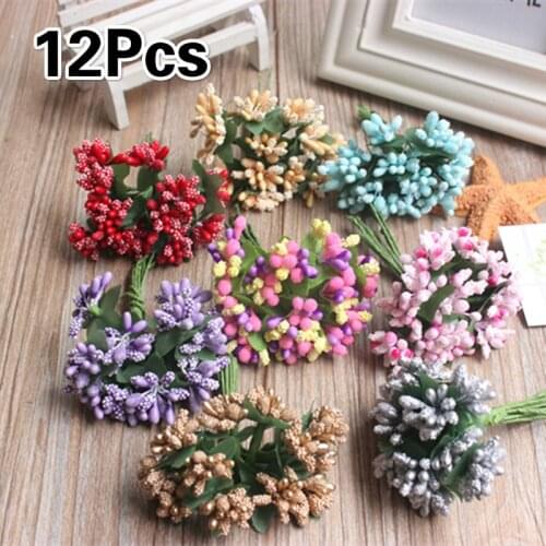 12pcs/lot Mini artificial Stamen Bud Bouquet Leaf flower for home Garden wedding Car corsage decoration Box crafts Supplies