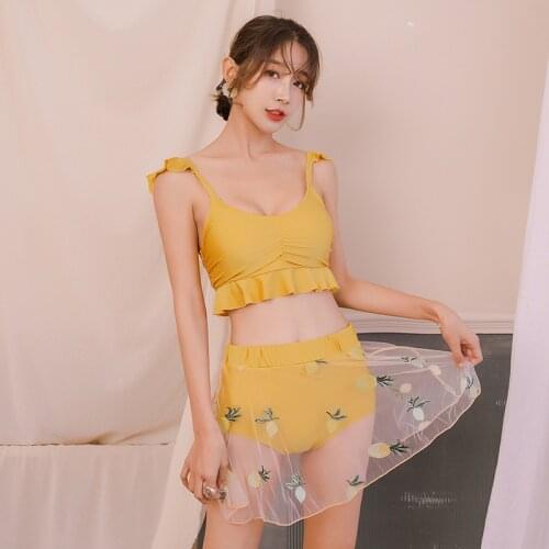 2021 Korean Style Sexy Gauze Solid Bikini Set Women Padded Biquini Suit Two Pieces Swimwear Embroidery Swimsuit Beach Suit