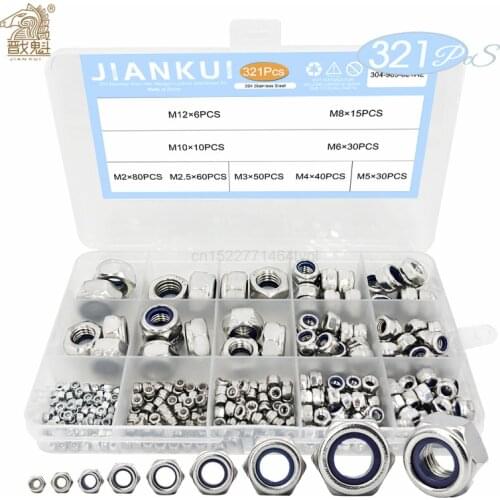 321pcs Nylon Lock Nut 304 Stainless Steel M2 M2.5 M3 M4 M5 M6 M8 M10 M12 Hex Hexagon Self locking Nut Assortment Kit