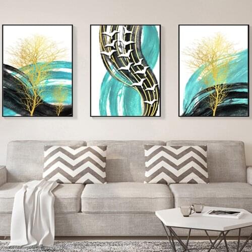 Abstract Blue Golden Tree and Birds Canvas Painting Color Spalsh Poster and Print Unique Wall Art Pictures for Living Room Décor