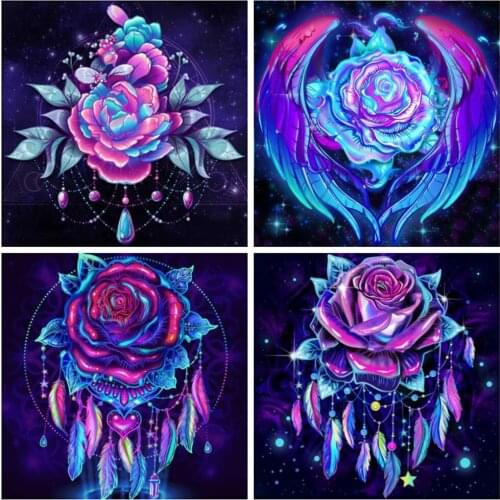 Huacan Diamond Mosaic Embroidery Rose Flower Diamond Painting Fantasy Pink Floral Home Decor Wall Stickers